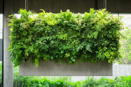 Lush greenery suspended in modern design, creating vibrant verti