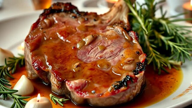 Juicy grilled steak served with aromatic herbs and garlic for a delicious dining experience