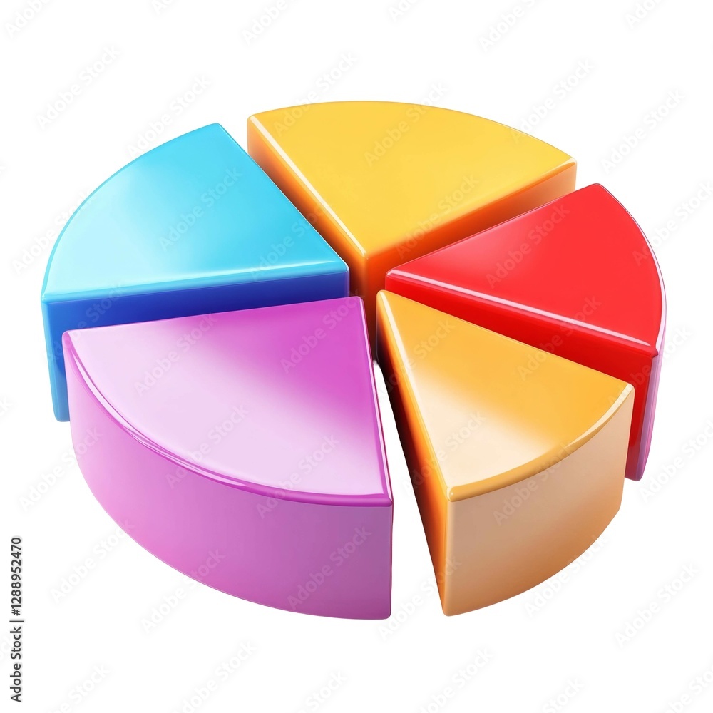 Poster colorful pie chart with six segments in bright and vivid tones for visual data representation
