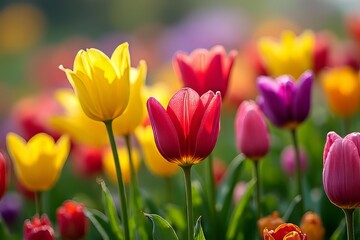 Obraz premium Vibrant Colorful Tulips in a Spring Garden Display