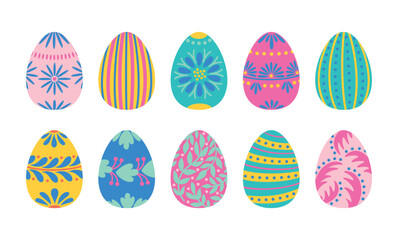 Easter dyed eggs set. Colored eggs collection for Easter. Vector illustrations isolated on white background. Bright spring holiday eggs design