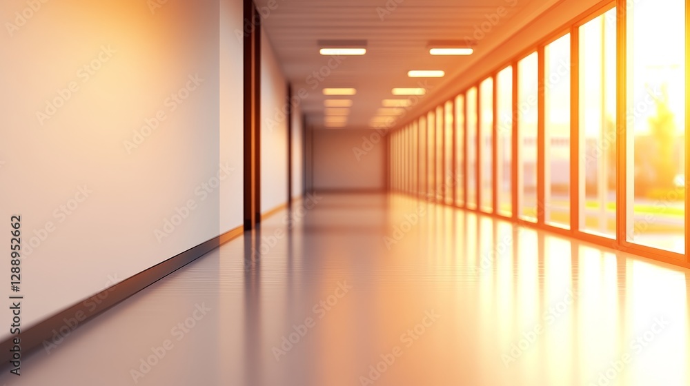 Poster brightly lit corridor with large windows showcasing a sunset view and empty surroundings