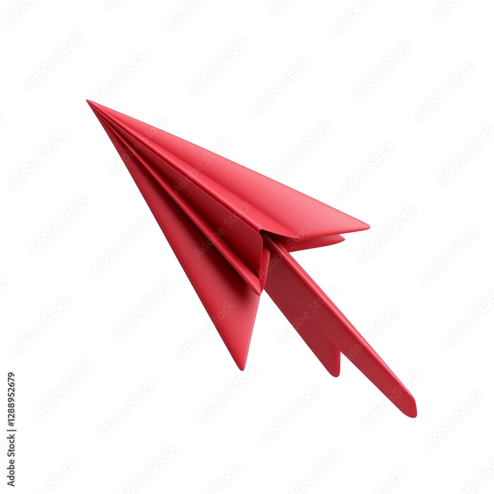 Poster bright red origami paper airplane with sharp pointed wings and smooth surfaces