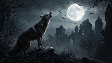 Majestic wolf howling at full moon by gothic castle ruins with bats