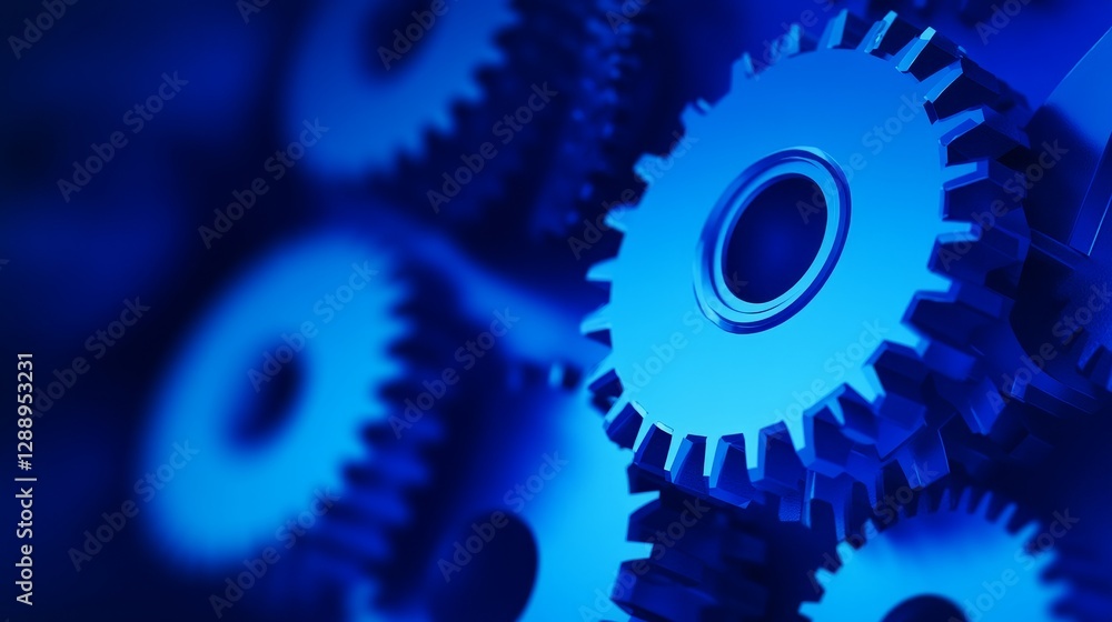 Poster close-up view of intricately designed blue gears interlocking in a mechanical setting