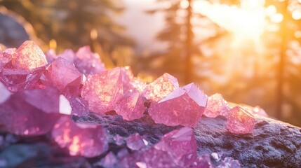Luminous pink crystals cluster gracefully on rugged rock, subtly tilting rightward, capturing light like delicate flames against an earthy backdrop