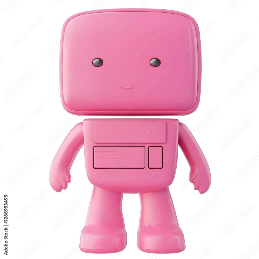 Poster pink robot with square head and black eyes standing upright with simple features in design