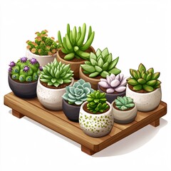Intricate Isometric Display of Potted Succulents on Wood Shelf