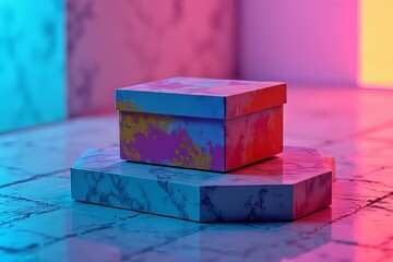 Obraz premium Vibrant Gift Box Display on a Marble Platform with Neon Lighting