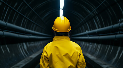 Worker in protective gear walks through a dark, industrial tunnel, safety first. Bright yellow against the dark creates contrast, emphasizing safety.