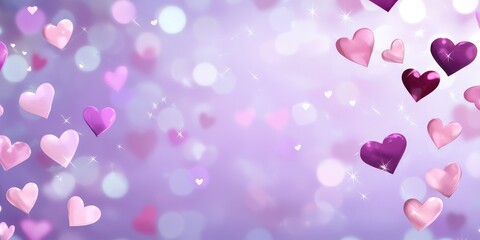 Romantic Pastel Spring Background. Colorful hearts on a soft purple background