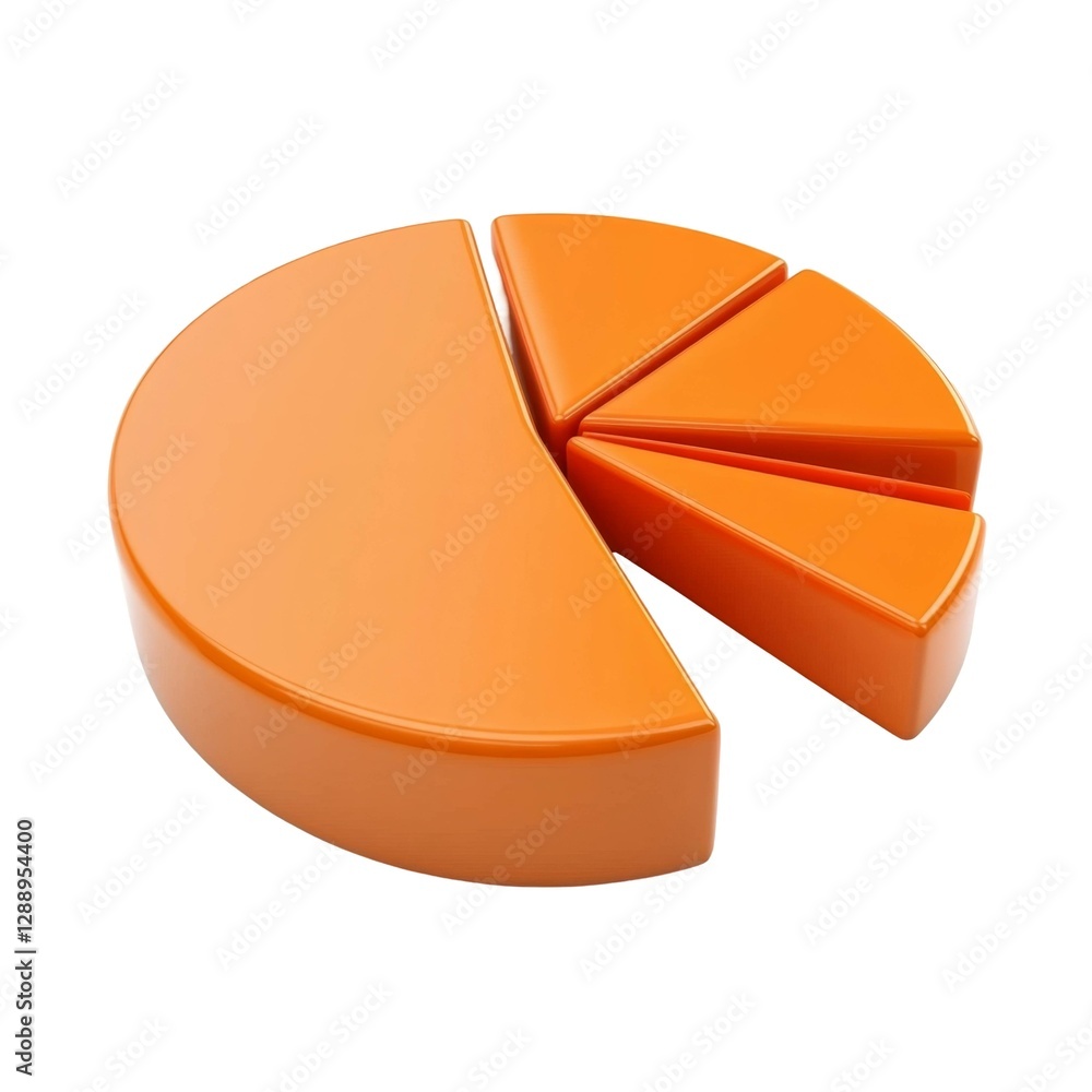 Poster three-dimensional orange pie chart with several slices removed and arranged neatly alongside