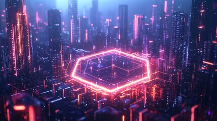 A neon hexagon wireframe shape floating over a dark futuristic cityscape. 3D rendering. 