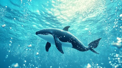 Fototapeta premium Majestic humpback whale swimming underwater in crystal clear ocean with sunlight filtering through water. Marine wildlife and conservation concept