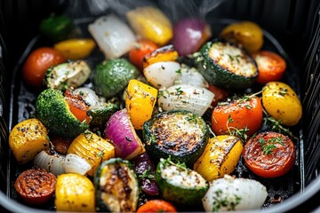 Colorful roasted vegetables with herbs in an air fryer on a kitchen countertop at dinner time