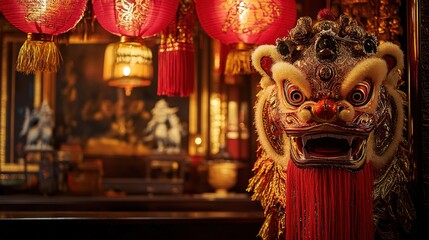 Ornate Lion Dance Mask Against Red Lanterns