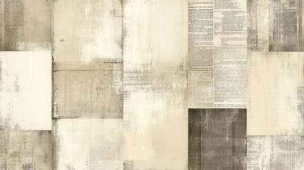 Naklejka premium A seamless grunge patchwork pattern of newspaper prints, beige and gray, resembling old notebook sheets