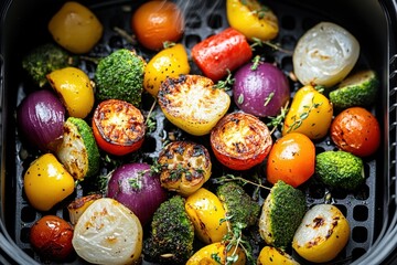 Fototapeta premium Colorful roasted vegetables in an air fryer showcasing rich textures and vibrant colors for a healthy meal option