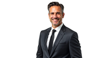 Smiling businessman portrait isolated on white background. Middle-aged professional man in suit for corporate website, business brochure, or LinkedIn profile. Isolated on transparent background.