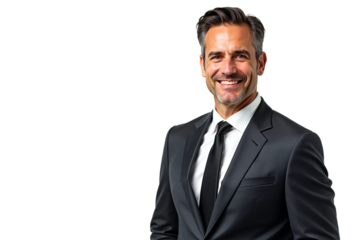 Smiling businessman portrait isolated on white background. Middle-aged professional man in suit for corporate website, business brochure, or LinkedIn profile. Isolated on transparent background.