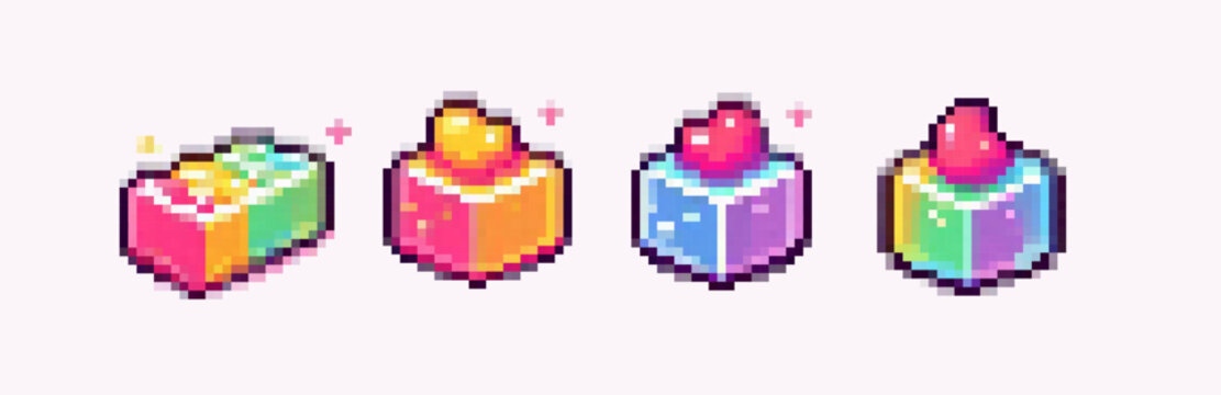 Four pixel art desserts featuring colorful layers and toppings are aligned in a row. Each has a glossy finish, adding a playful and nostalgic touch reminiscent of retro graphics.