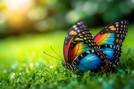 Two Vibrant Butterflies Resting on a Dew-Kissed Lawn, Bathed in Golden Sunlight, Reflecting a Spectrum of Colors in Their Delicate Patterns. A Moment of Serenity, Capturing the Harmony of Nature&rsquo;s Bea