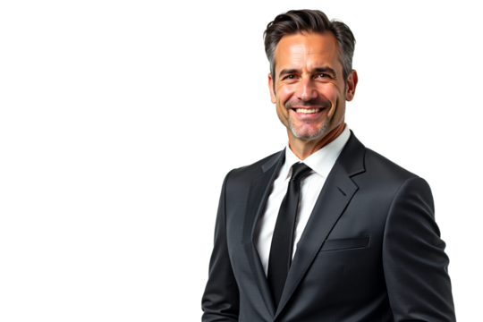 Smiling businessman portrait isolated on white background. Middle-aged professional man in suit for corporate website, business brochure, or LinkedIn profile. Isolated on transparent background. - Powered by Adobe