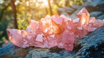 Vivid pink crystals cluster atop a stoic gray rock, gently tilting rightward, creating an enchanting interplay of hues and textures. The scene captures natural beauty and delicate symmetry