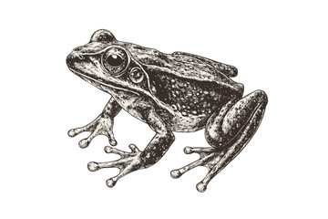 Vintage amphibian art featuring hand-drawn frog illustration, black sketch design, old engraving style, wildlife-inspired trendy print on white background, artistic nature decor.