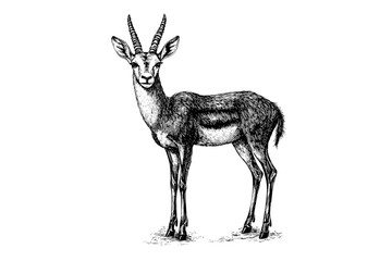 Wildlife art print with hand-drawn gazelle, old engraving style vector, black sketch effect, trendy vintage illustration, antique wild animal design, fast animal artwork.
