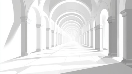 Fototapeta premium A white tunnel-like space, minimalistic and illuminated, resembling an empty museum corridor. Vector illustration. 