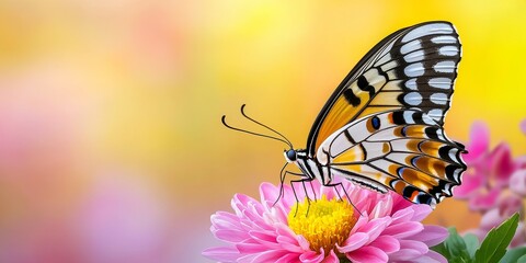 Fototapeta premium A vibrant butterfly perches on a pink flower, surrounded by a soft, colorful background, showcasing nature's beauty and delicate details.