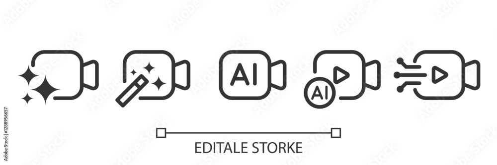 Poster Set of generate video AI icon. Video camera with generate symbol. Creating videos with Machine learning. Artificial intelligence icon element for app and web. Vector illustration. Editable stroke.