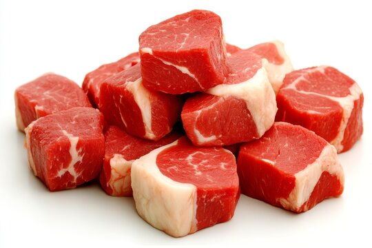 Cortes de carne roja fresca apilados sobre fondo blanco, ideales para platos de alta cocina y parrillas