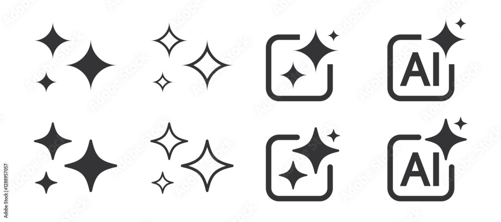 Aufkleber Set of generated AI icons. AI star symbol with a pointed and rounded tip. AI logotype. Artificial intelligence concept. Icon element for app and web. Vector illustration.