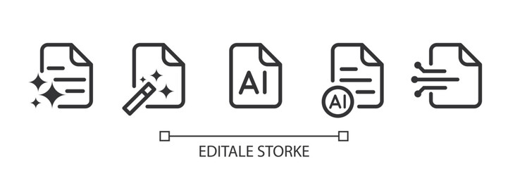 Set of AI document Generator icon. Document with generate symbol. Creating Data and Text by AI. Artificial intelligence icon element for app and web. Vector illustration. Editable stroke.
