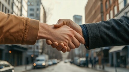 Two people shake hands in an urban setting, symbolizing agreement, partnership, or friendship amidst city buildings.