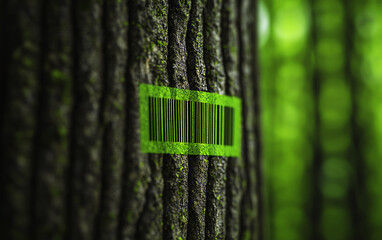 Tree trunk with digital barcode overlaid, illustrating the intersection of nature and technology.