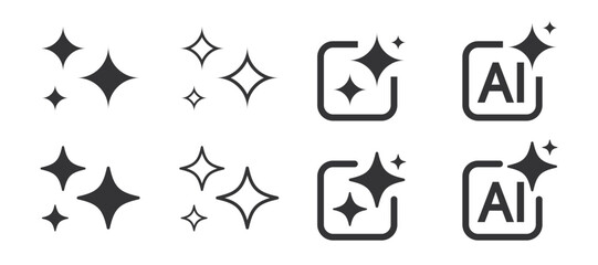 Set of generated AI icons. AI star symbol with a pointed and rounded tip. AI logotype. Artificial intelligence concept. Icon element for app and web. Vector illustration.