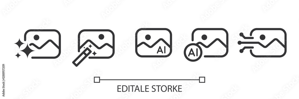 Poster Set of AI Picture Generator icons. Image with generate symbol. Creating Picture by AI. Artificial intelligence icon element for app and web. Vector illustration. Editable stroke.