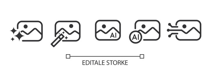 Set of AI Picture Generator icons. Image with generate symbol. Creating Picture by AI. Artificial intelligence icon element for app and web. Vector illustration. Editable stroke.
