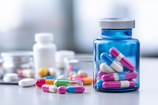 Frascos de medicamentos coloridos sobre una superficie blanca en un entorno luminoso y cl&iacute;nico
