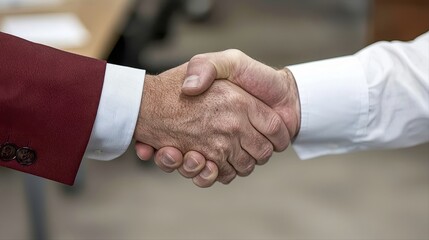 Two individuals engage in a handshake, symbolizing agreement, partnership, and mutual respect in a professional setting.