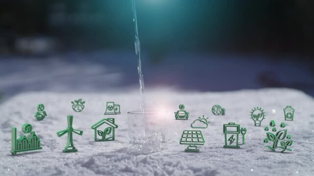 Earth Global Ecological Green Energy 3D Icons Concept On Snowy Nature Background
