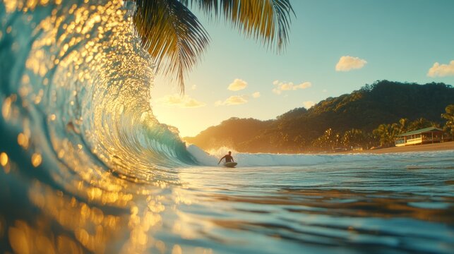 Surfero disfrutando de una ola al atardecer en una playa tropical serena