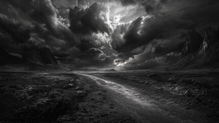 Dark and Moody Landscape with Dramatic Clouds and Pathway Under Stormy Sky