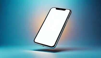 A floating smartphone with a bright white screen, positioned against a soft gradient background