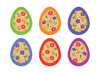 A spring set of Easter eggs for festive decoration and greeting cards.  Happy Easter. Vintage, ethnic and folk style. Vector Easter set.