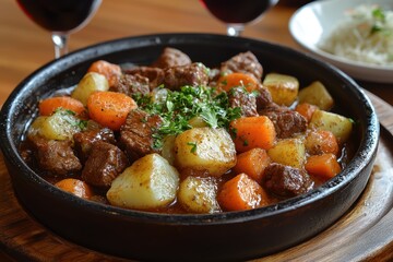 Slow-cooked rustic beef stew with carrots and potatoes cozy kitchen food photography warm environment close-up comfort food