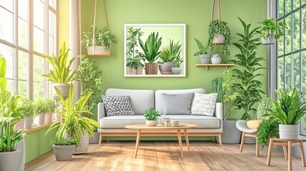 Modern Living Room with Abundant Indoor Plants and Natural Light on Green Wall